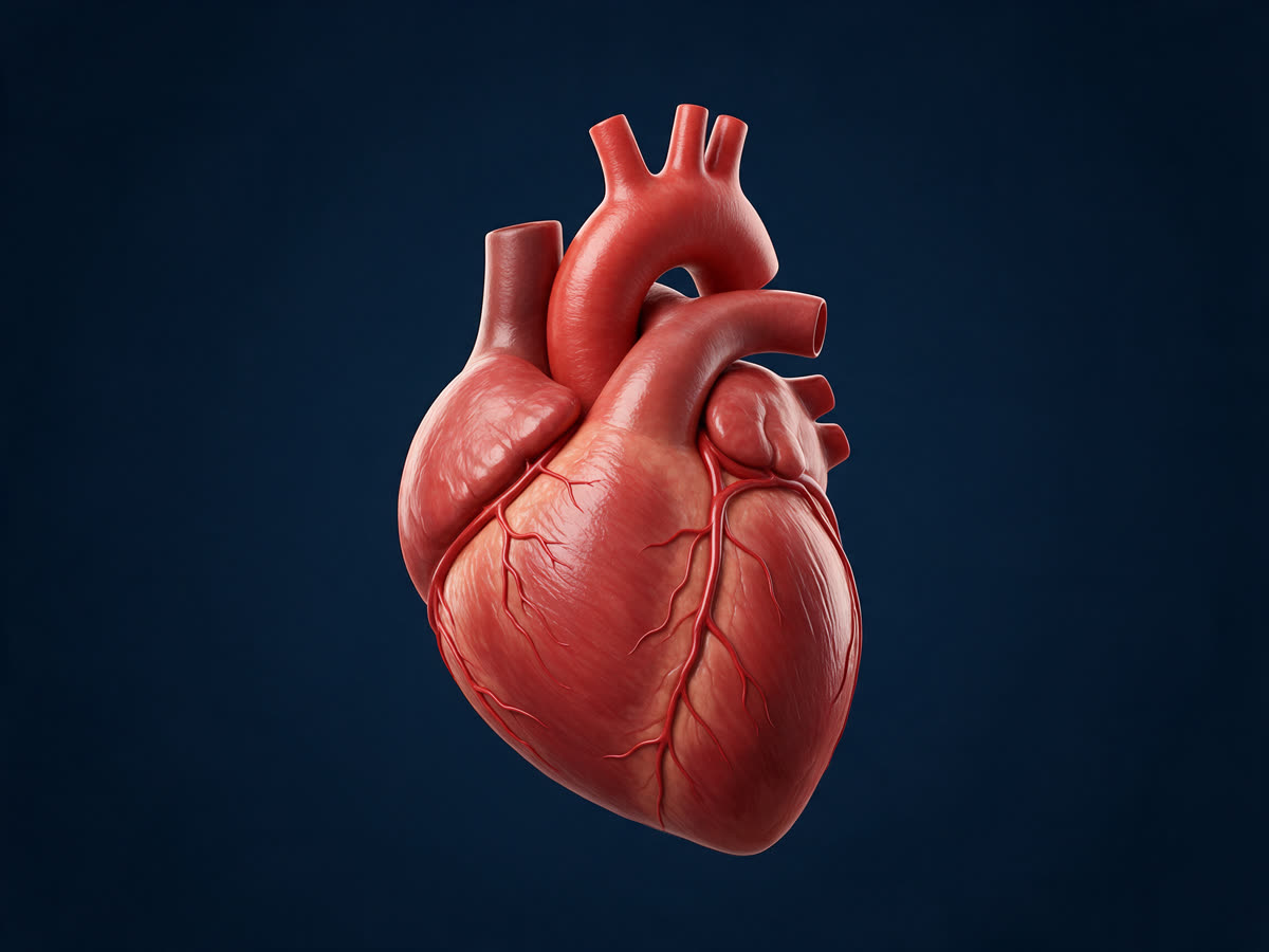 Illustration of the human heart seen from the front, with the aortic arch and its three branches, the pulmonary trunk, the superior vena cava and the coronary arteries on the surface.