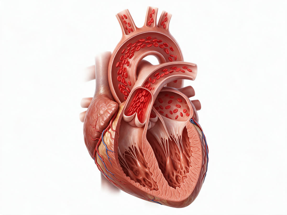Cutaway illustration of the heart in systole, showing the left ventricle opened, the aortic valve open and red blood cells streaming into the ascending aorta and around the arch.
